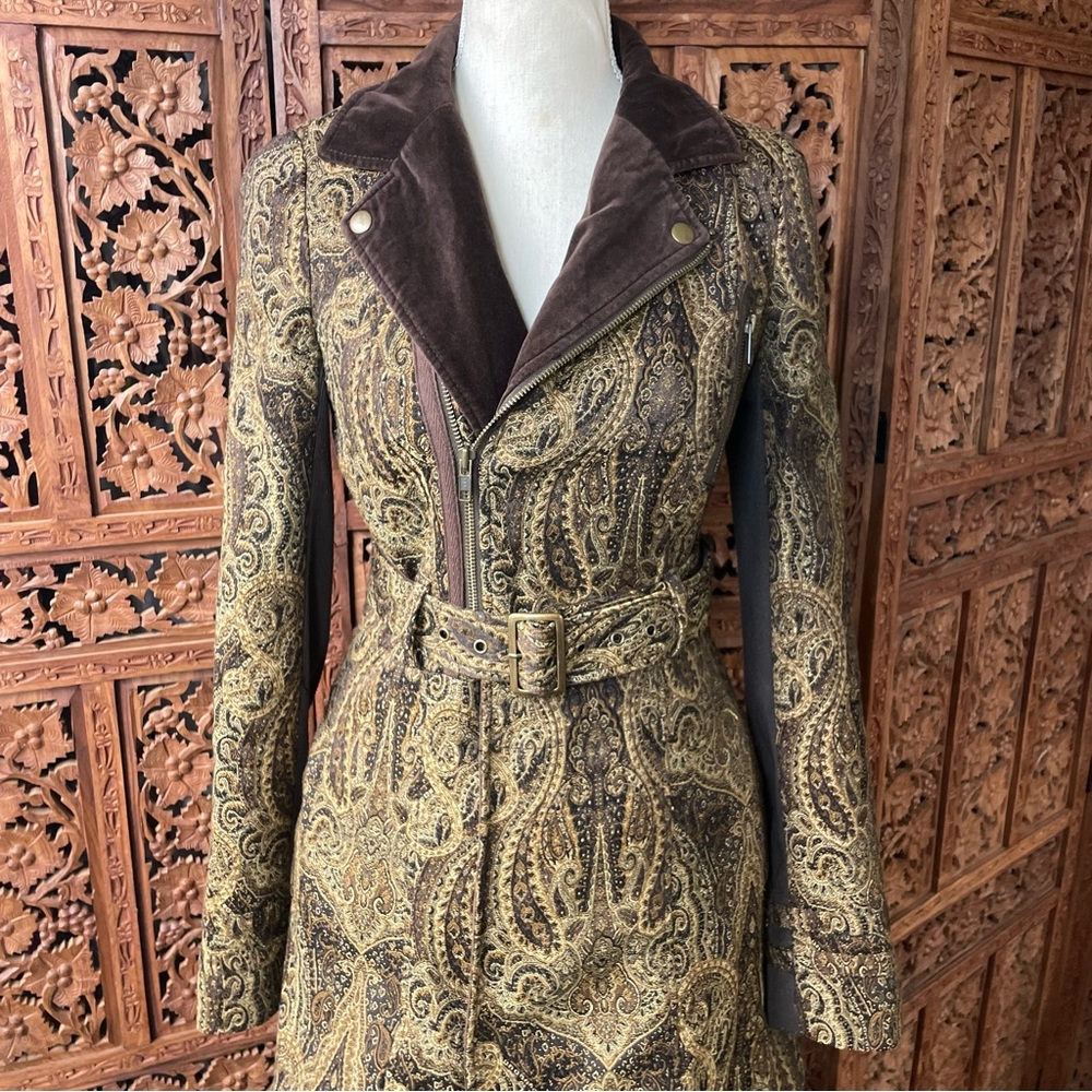 FREE PEOPLE Vintage Y2K Brown Paisley Belted Utility Trench Coat Duster Jacket - Picture 2 of 16